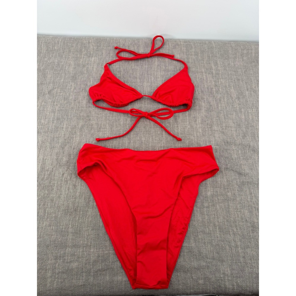 SKIMS Recycled Swim Triangle Top & Mid Waist Bottom Bikini Set Ruby Red Sz M NWT